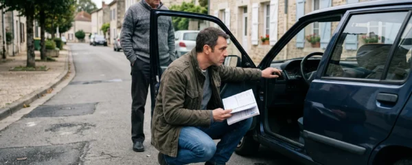 Un acheteur examine le carnet d'entretien à côté d'une voiture d'occasion stationnée dans une rue résidentielle française.
