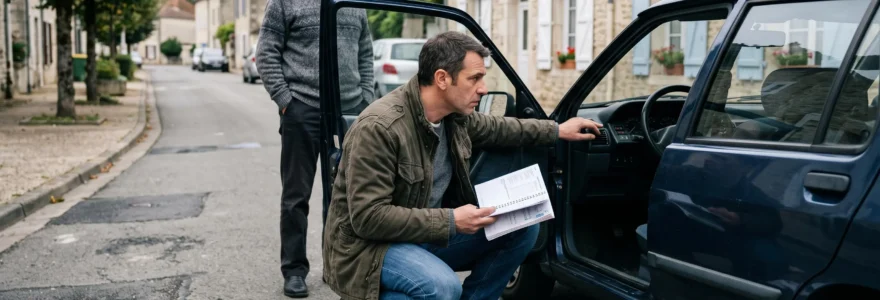 Un acheteur examine le carnet d'entretien à côté d'une voiture d'occasion stationnée dans une rue résidentielle française.
