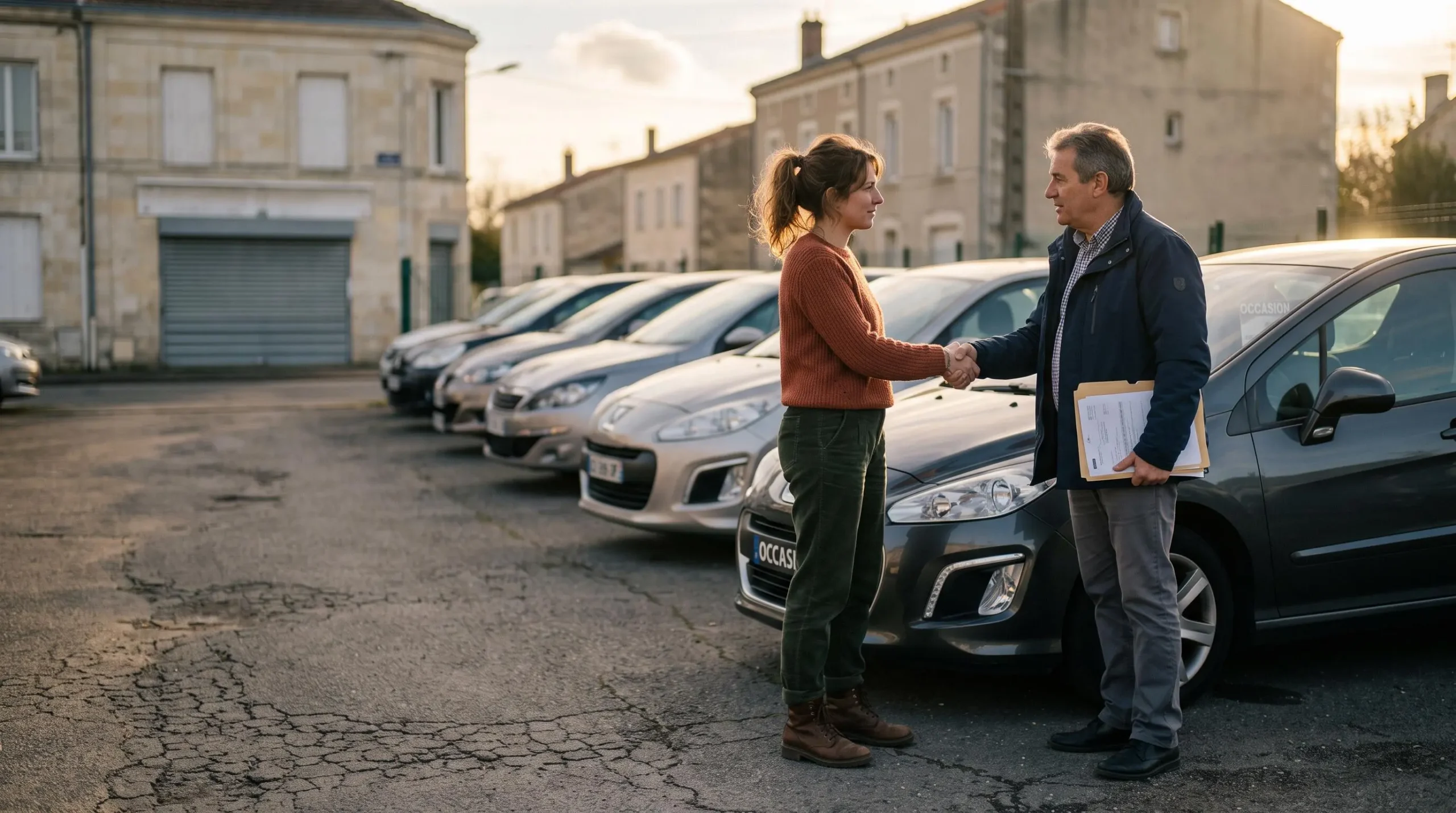 Une acheteuse serre la main d'un vendeur devant une voiture d'occasion documentée sur un petit parc de vente en France.