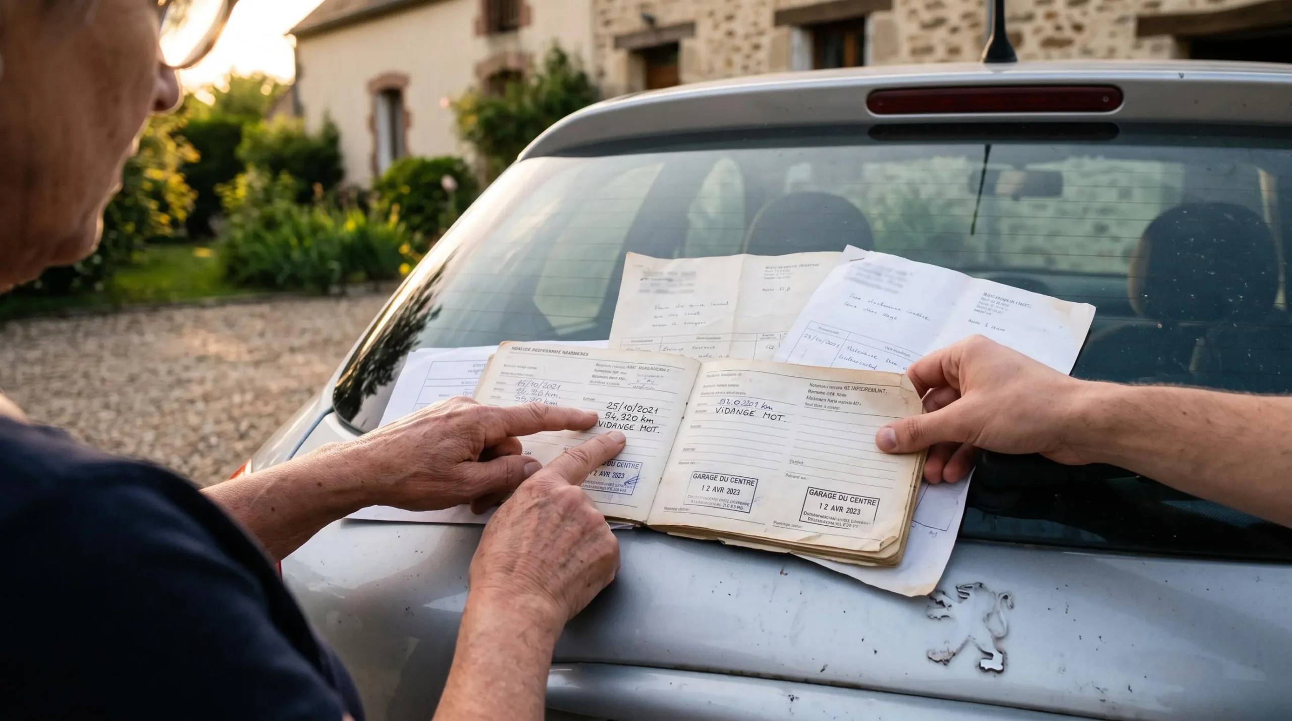 Deux personnes comparent des factures d'entretien et un carnet de révision posés sur le hayon d'une voiture d'occasion.